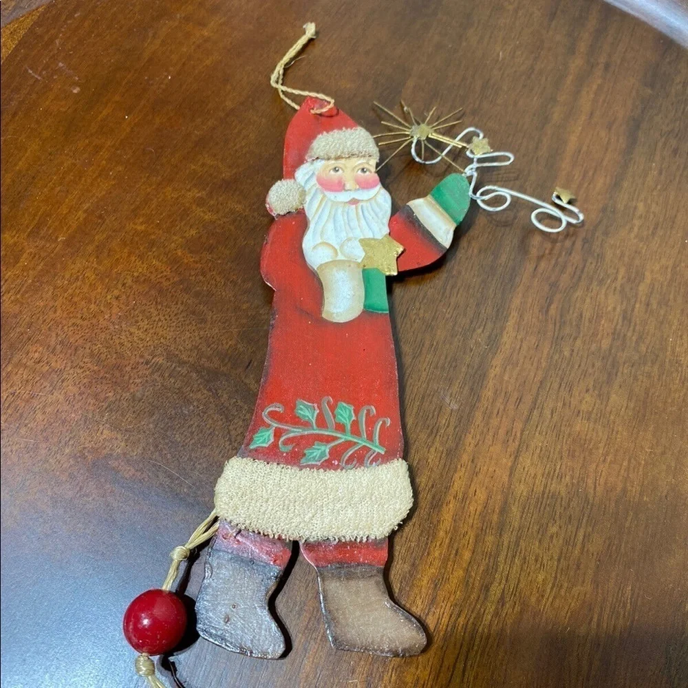 Vtg Tin Santa Clause Christmas Tree Ornament Articulated Movable Arm & Leg.